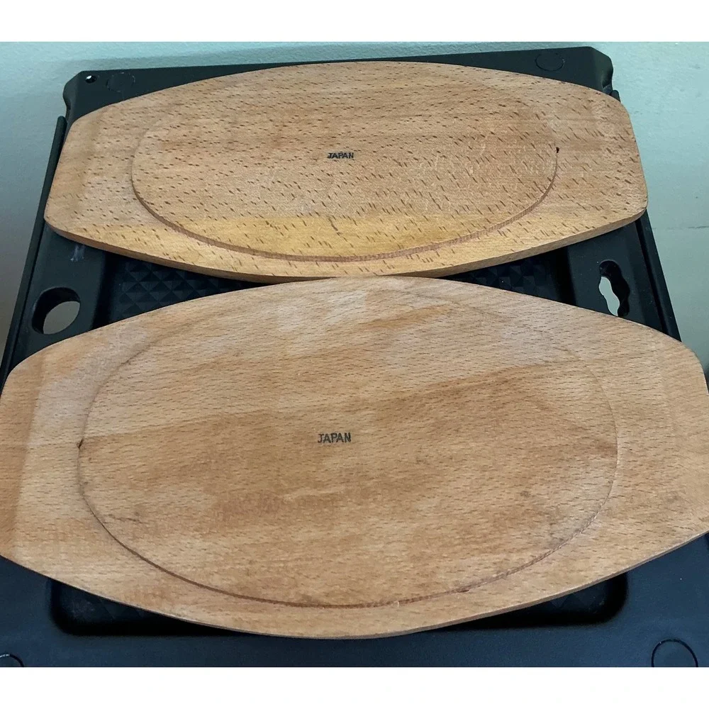 Aluminum Housewares Co Vintage Steak Sizzler Platters Set of 2 Japan Wood Bases